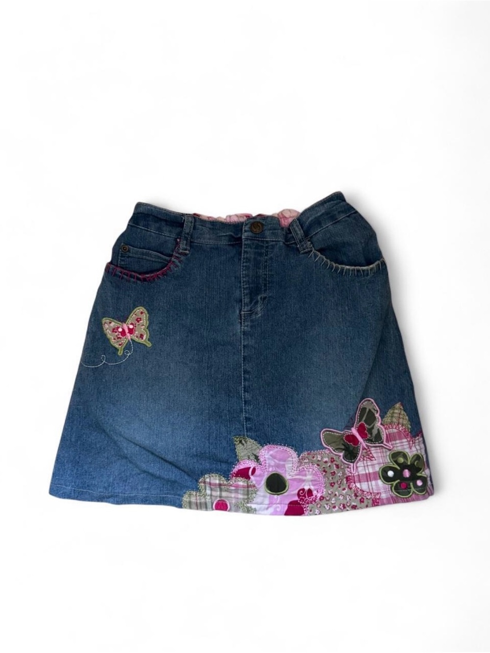Vtg Faded Glory Dark Blue Denim Skirt with Pink & Green Floral Appliqués